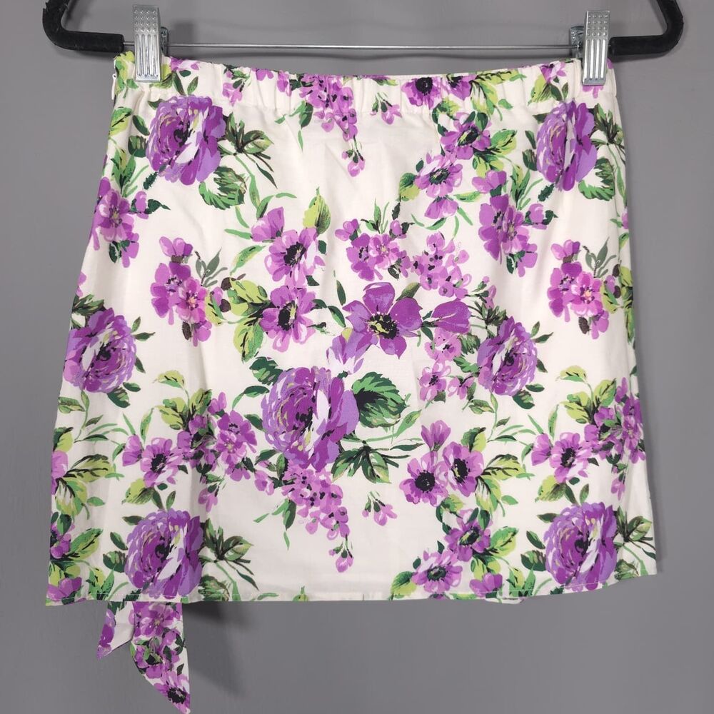 ANTHROPOLOGIE MAEVE Women's XS New 100% Cotton Floral Wrap Mini Skirt Purple Bow